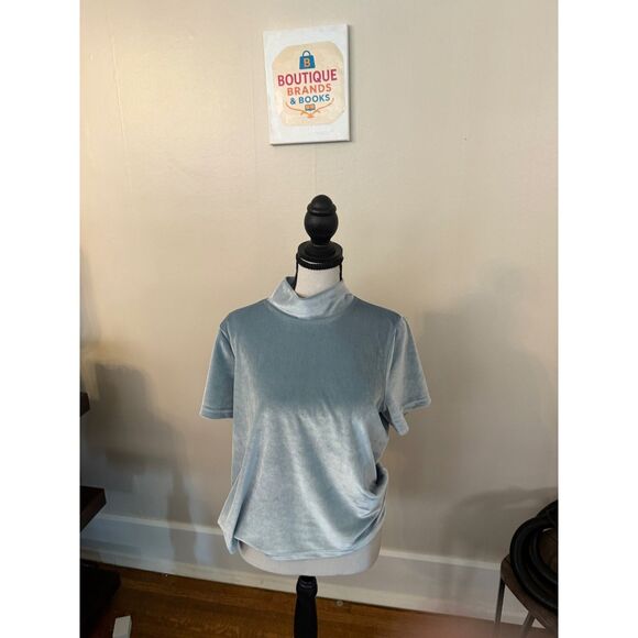 Madewell Light Blue Velvet Short Sleeve Turtleneck Top Women’s Size Medium - Picture 5 of 6